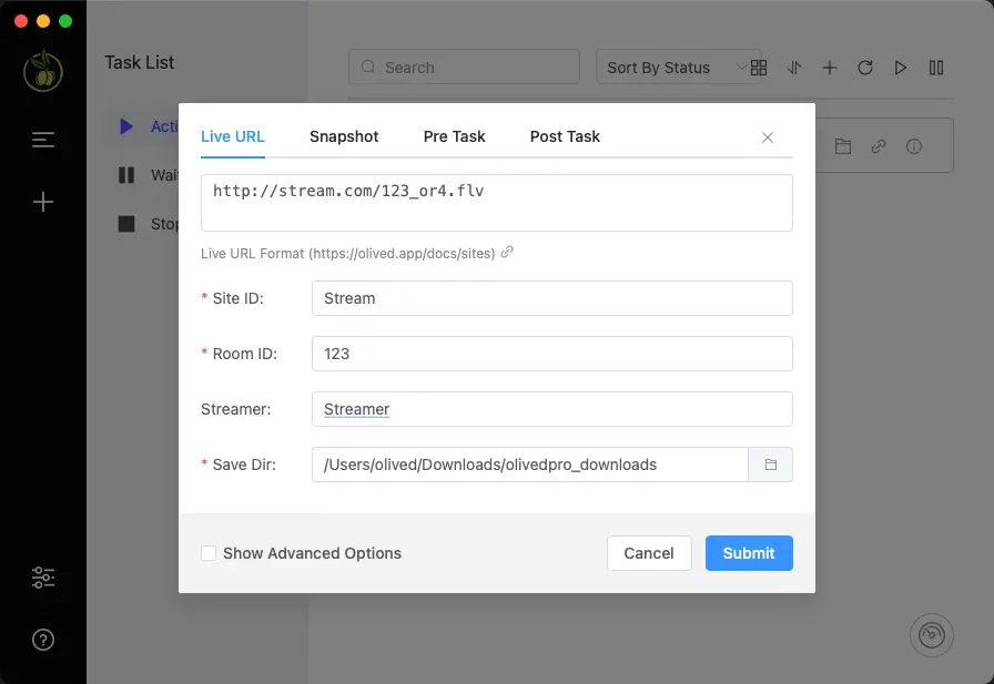 Olived interface: Adding a new recording task by pasting a URL
